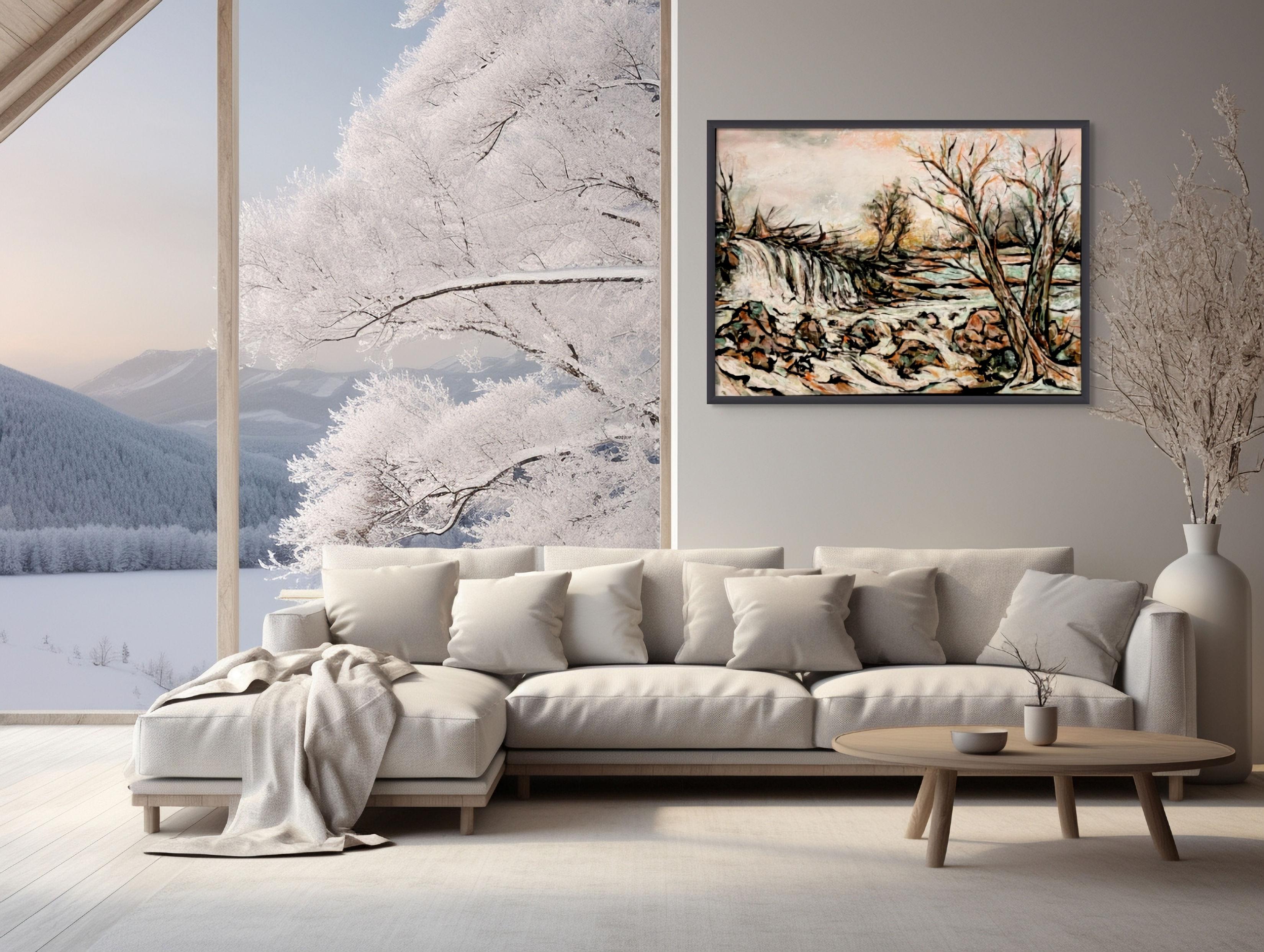 « Royal River », abstrait, paysage, automne, côte, Maine, peinture à l'huile, 2023 - Beige Landscape Painting par Anita Loomis