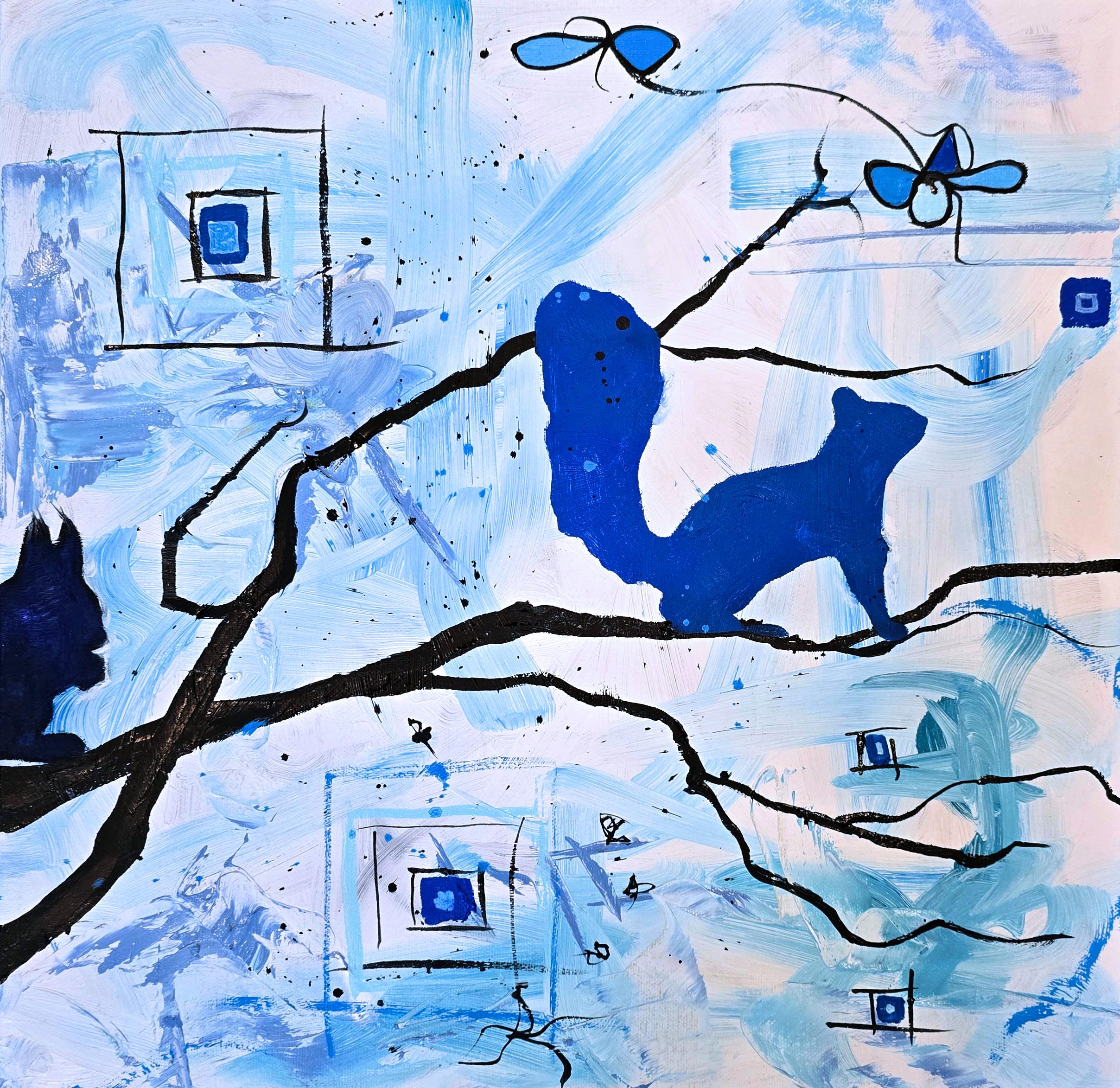 "Écureuils 2", Abstrait, Silhouette, Bleu, Peinture à l
huile - Painting de Anita Loomis
