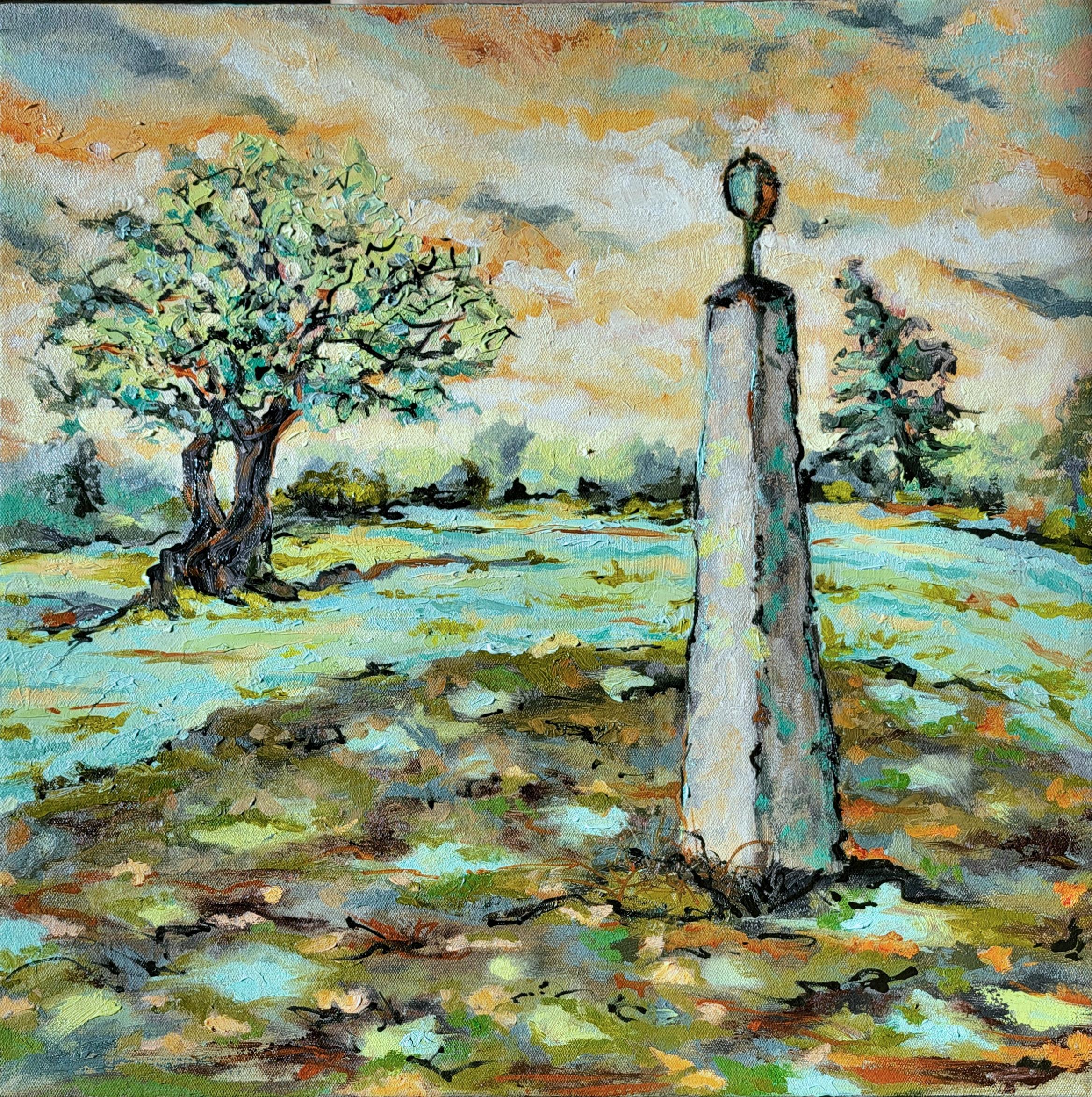 "The Marker", impressionist, landscape, blue, green, oil painting - Painting by Anita Loomis