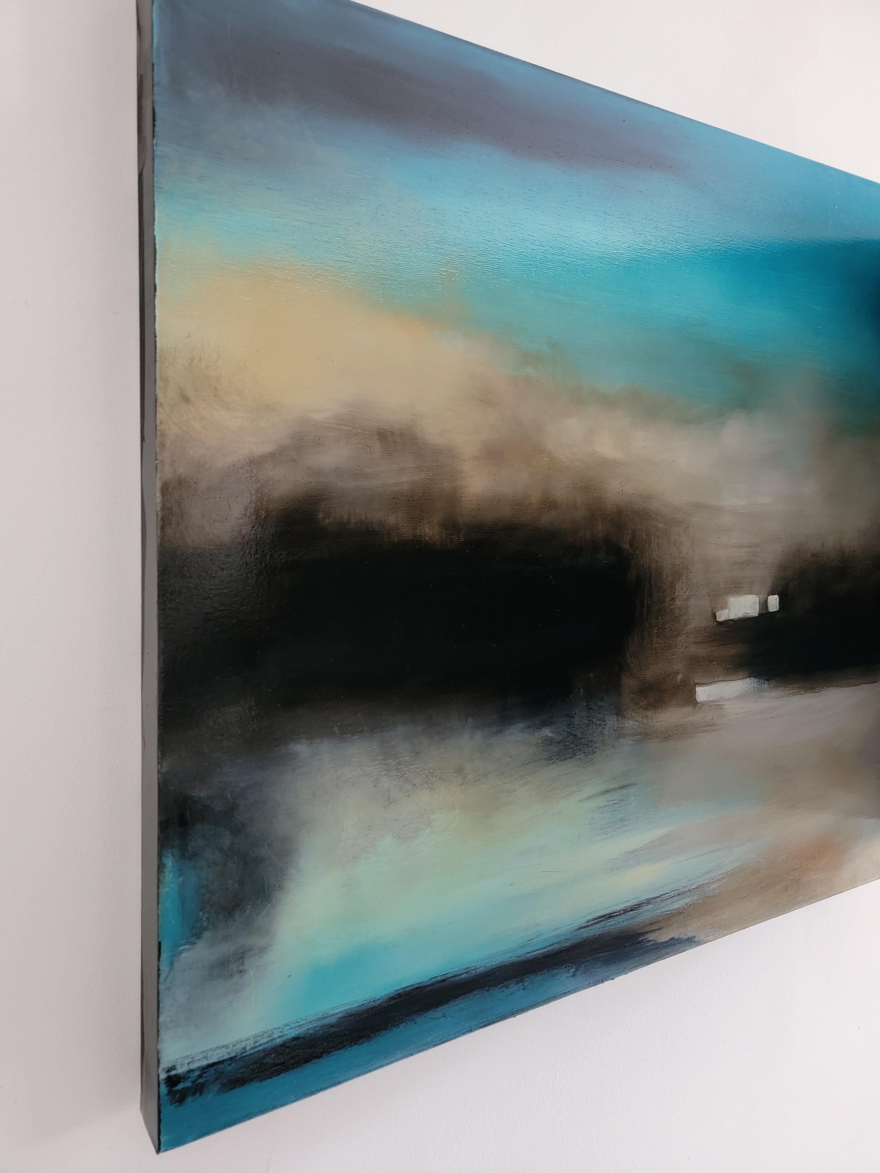 “The Quiet Spot 3” is a 25 x 25 x 1.5 inch oil painting on linen canvas by Anita Loomis that offers a sultry and dreamlike abstract landscape at twilight. With a modern romantic sensibility, the rich aqua blue tones, the composition speaks to stolen