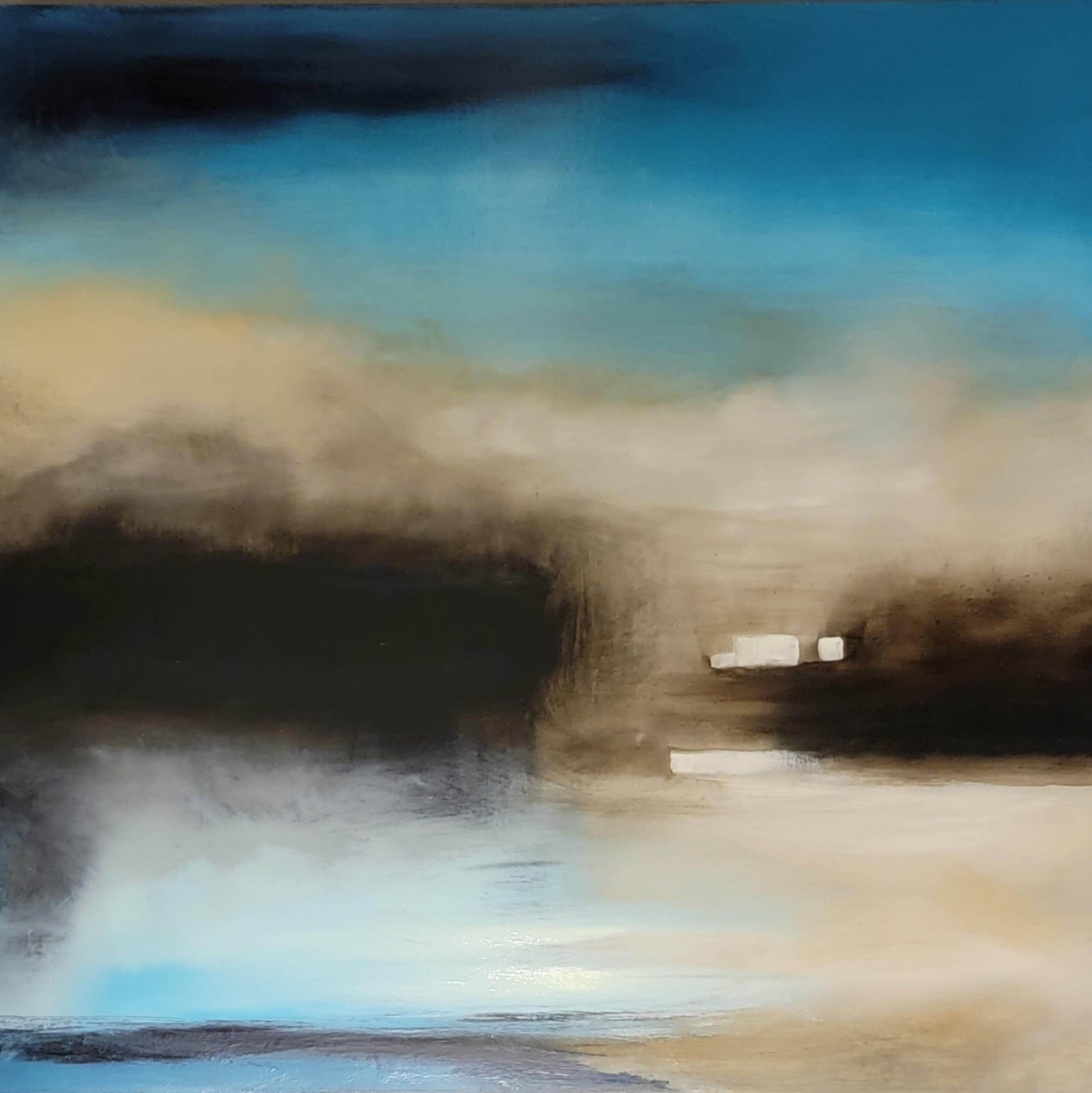 Anita Loomis Landscape Painting - "The Quiet Spot 3", abstract, landscape, twilight, blue, aqua, oil painting