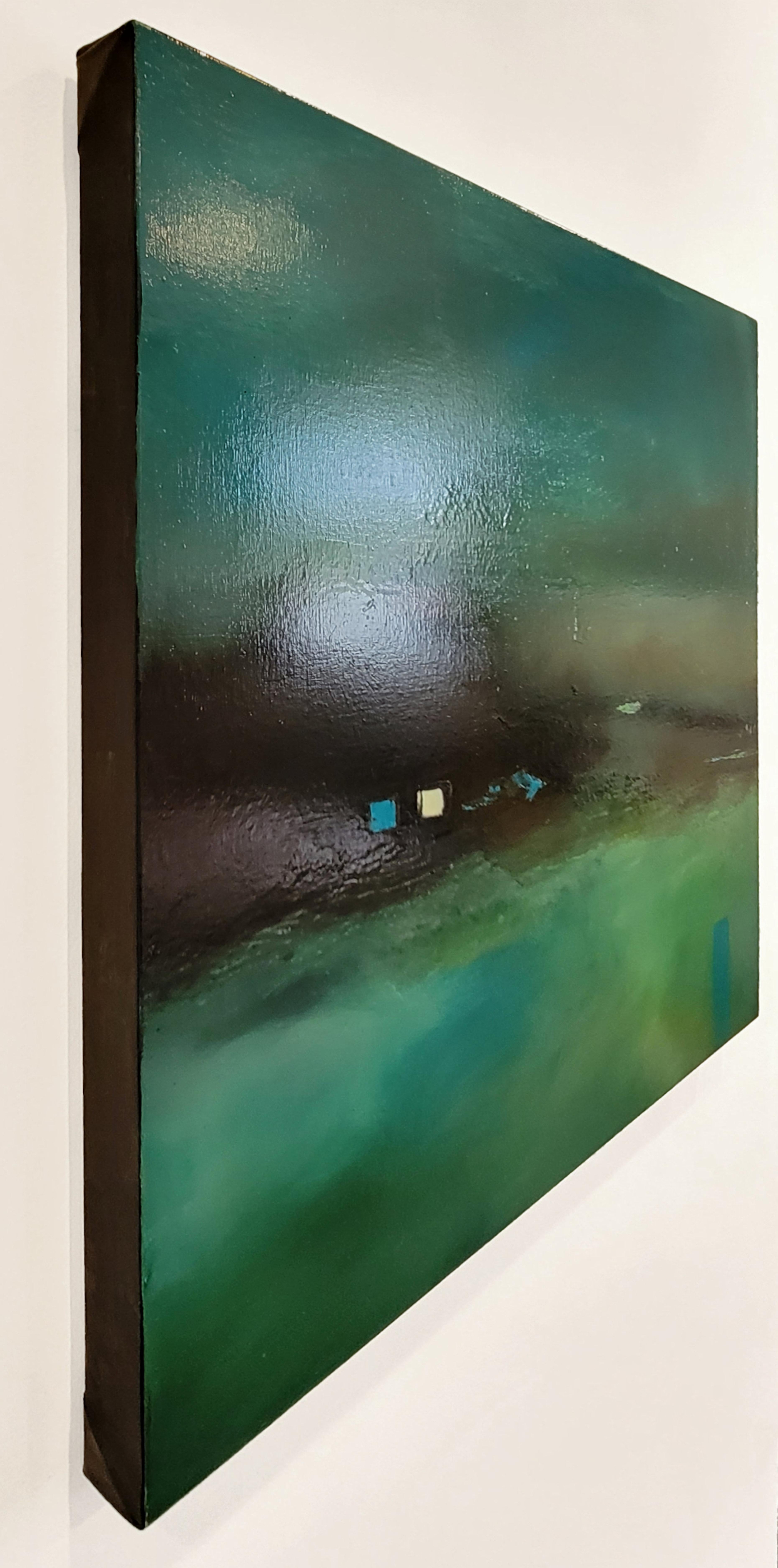 “The Quiet Spot 4” is a 25 x 25 x 1.5 inch oil painting on linen canvas by Anita Loomis that offers a sultry and dreamlike abstract landscape at twilight. With a modern romantic sensibility, the rich aqua blue tones, the composition speaks to stolen