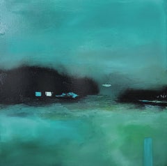 « The Quiet Spot 4 », abstrait, paysage, crépuscule, bleu, aqua, peinture à l'huile