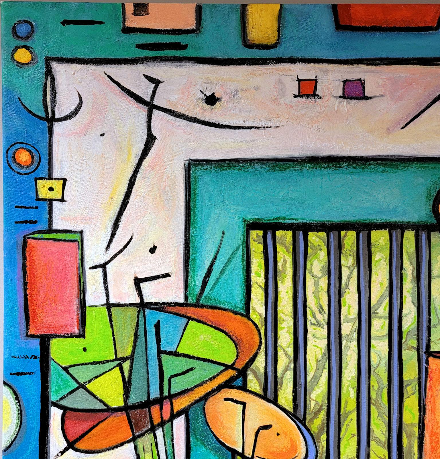 “Two Souls” is a 40 x 40 x 1.5 inch oil painting on canvas by Anita Loomis. A work from her “Couples” series, this vibrantly colored abstract composition offers an interior scene of two embracing figures in their home. It speaks to connections and