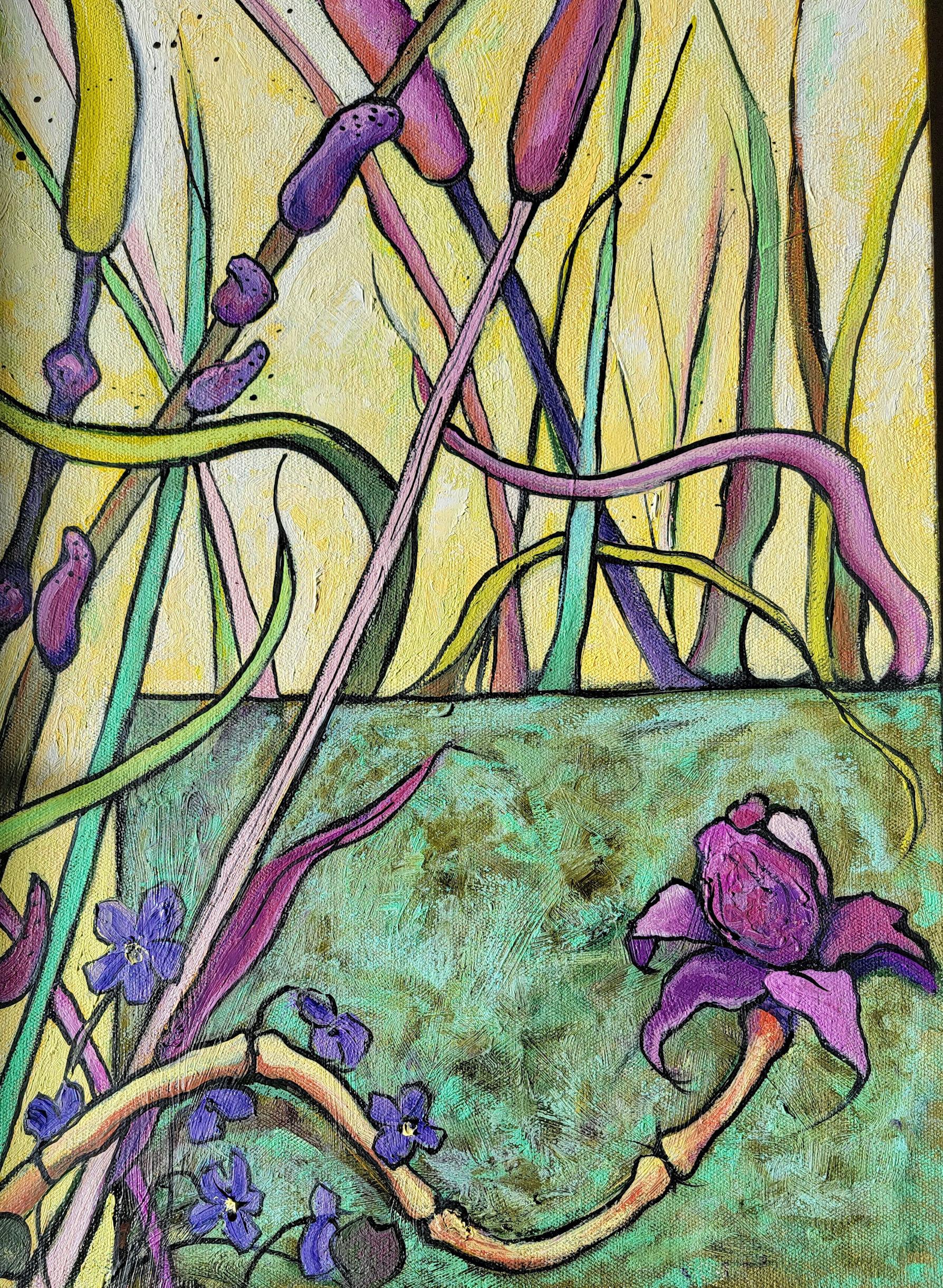 From the easel of New England painter, Anita Loomis, “Violace” is a 20 x 30 x 1.5 inch oil painting on canvas that celebrates the growth and evolution of flowers in rich and vivid tangles of green and violet. Imagination and a love of plants