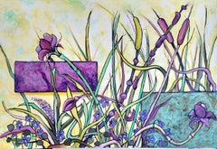 "Violace", contemporáneo, abstracto, flores, verde, violeta, plantas, óleo