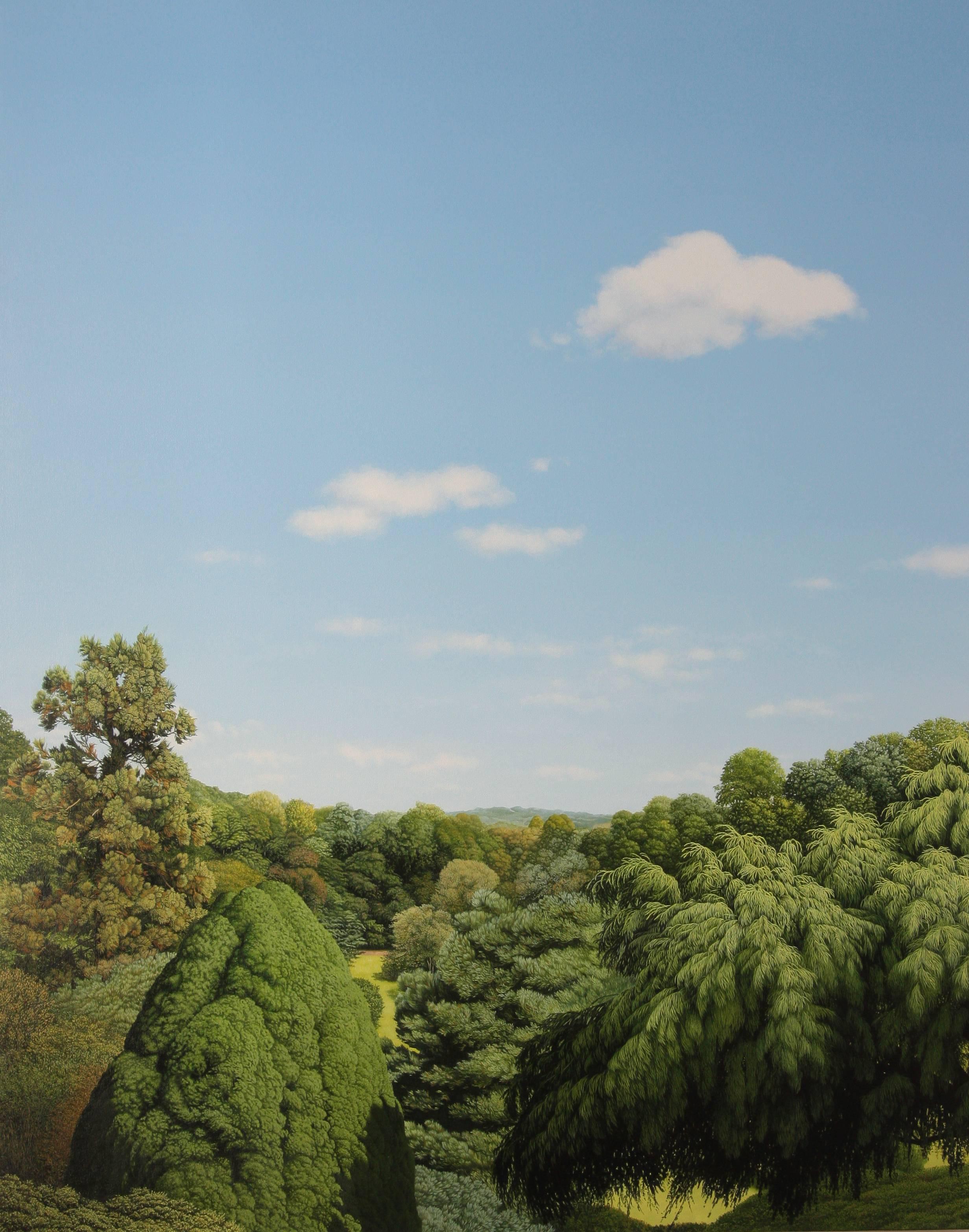 Anita Mazzucca Landscape Painting - DEEP CUT PARK, vivid green forest, hyper-realism, trees, blue skies, clouds