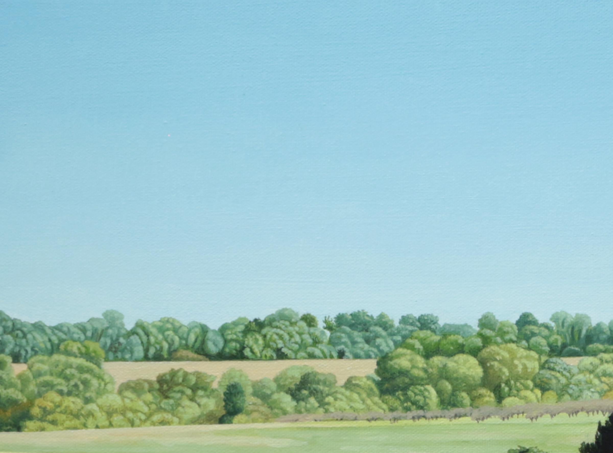 LONG SHADOWS IN THE MORNING – zeitgenössischer Realismus / Country Park / Naturszene (Grün), Landscape Painting, von Anita Mazzucca