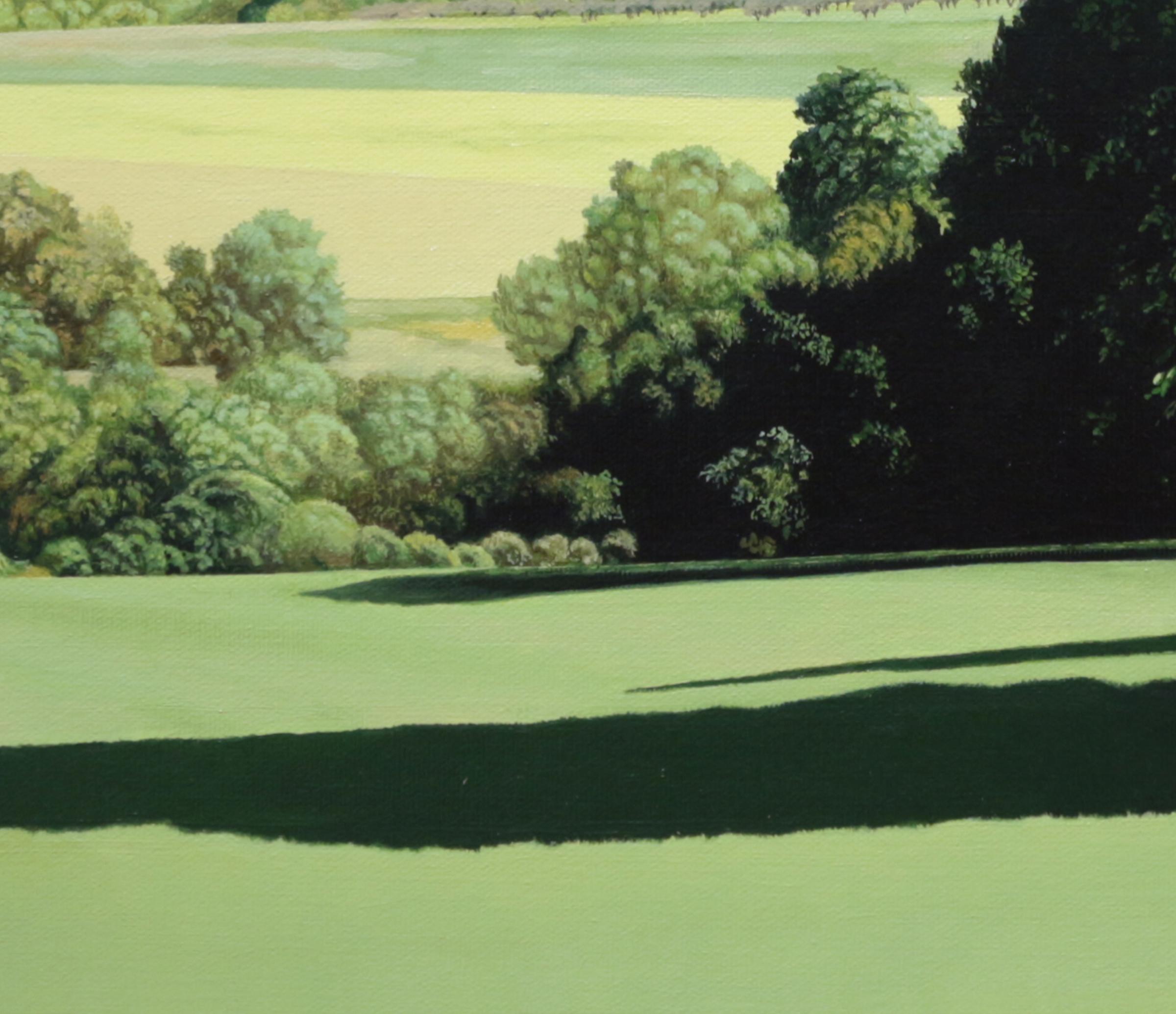 LONG SHADOWS IN THE MORNING - Contemporary Realism / Country Park / Nature Scene - Green Landscape Painting by Anita Mazzucca