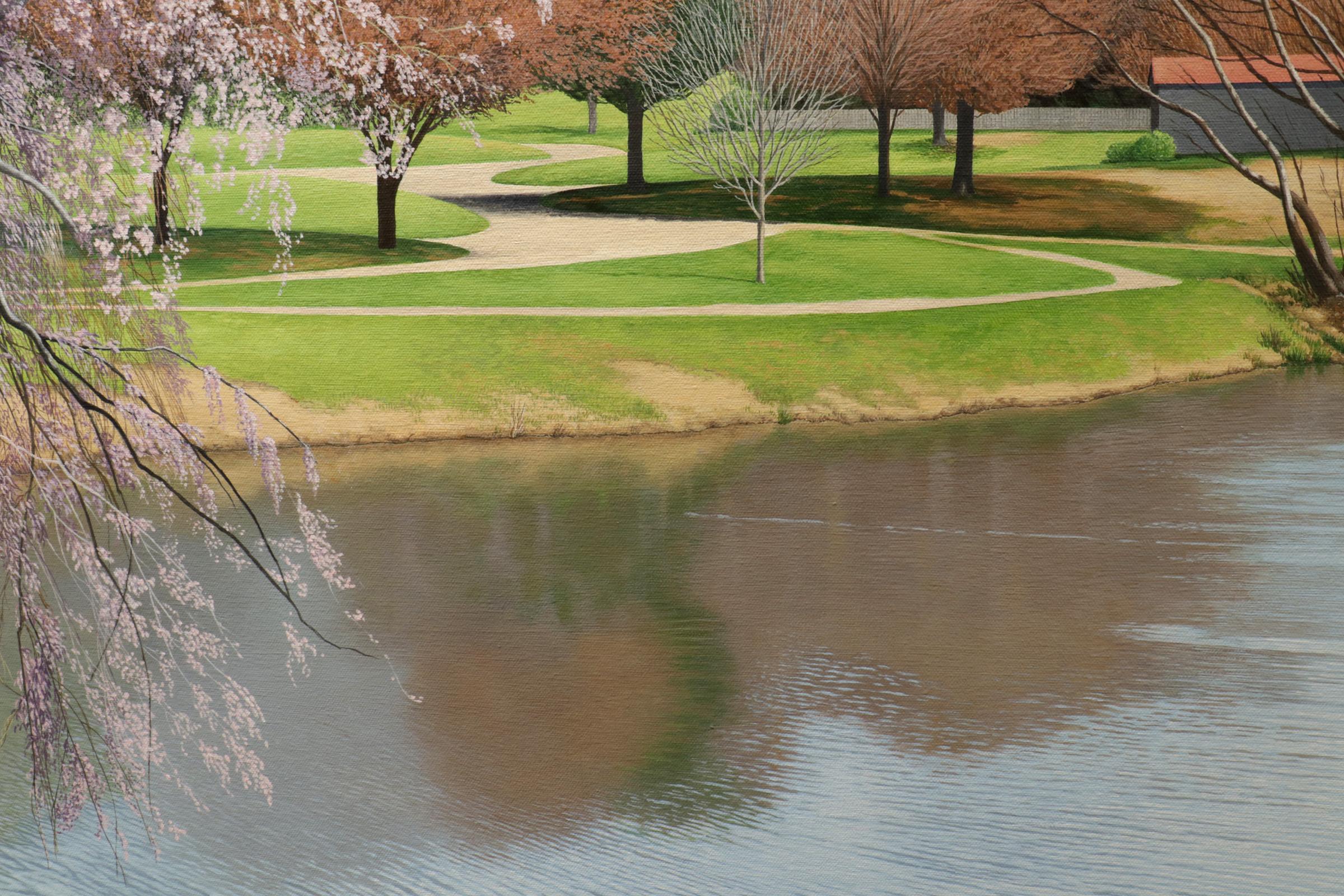 LONGSTREET FARM - Contemporary Landscape / Cherry Blossom / Park Scene with Pond - Painting by Anita Mazzucca