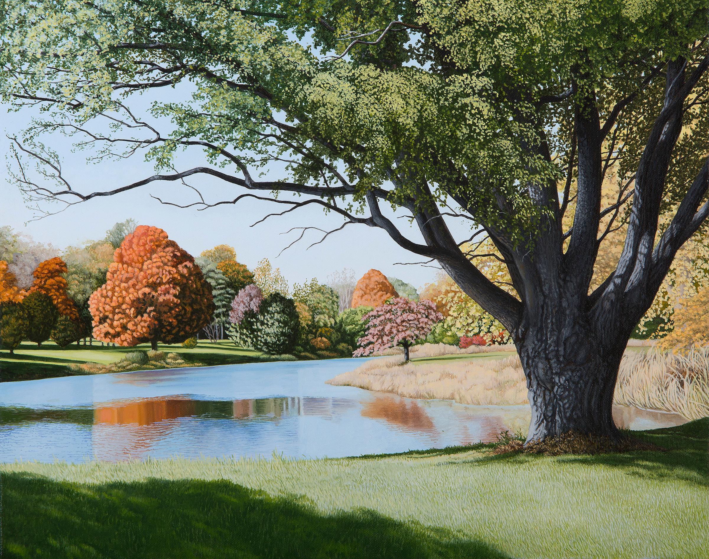 Anita Mazzucca Landscape Painting - THE POND IN COLTS NECK PARK - Contemporary Autumn Landscape / Oil Painting