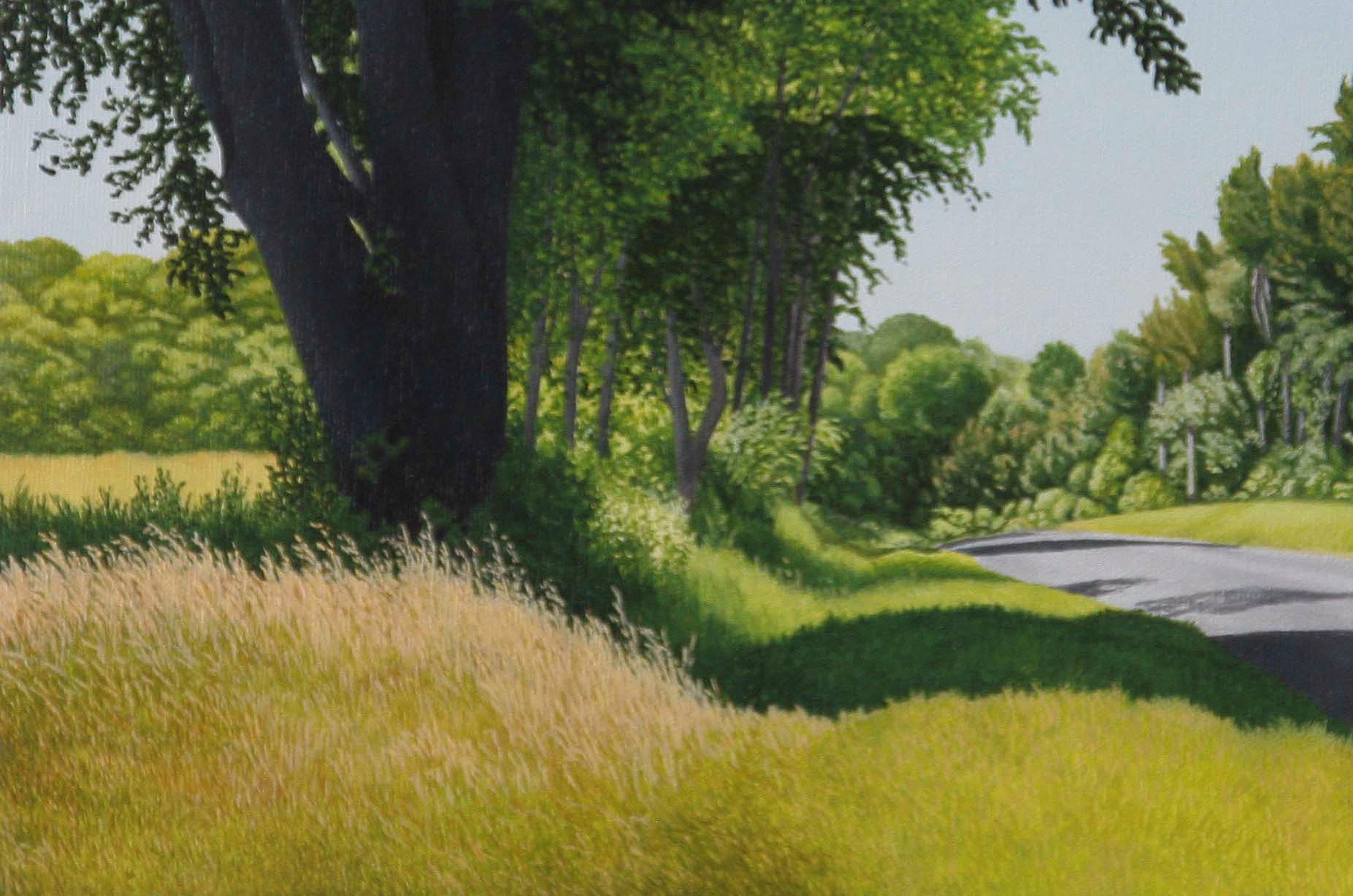 THE TOP OF THE HILL, Contemporary Landscape Painting, Country Road, Trees, Green 2