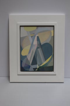 Evocación, colorful abstract geometric oil painting with blue and yellow scheme