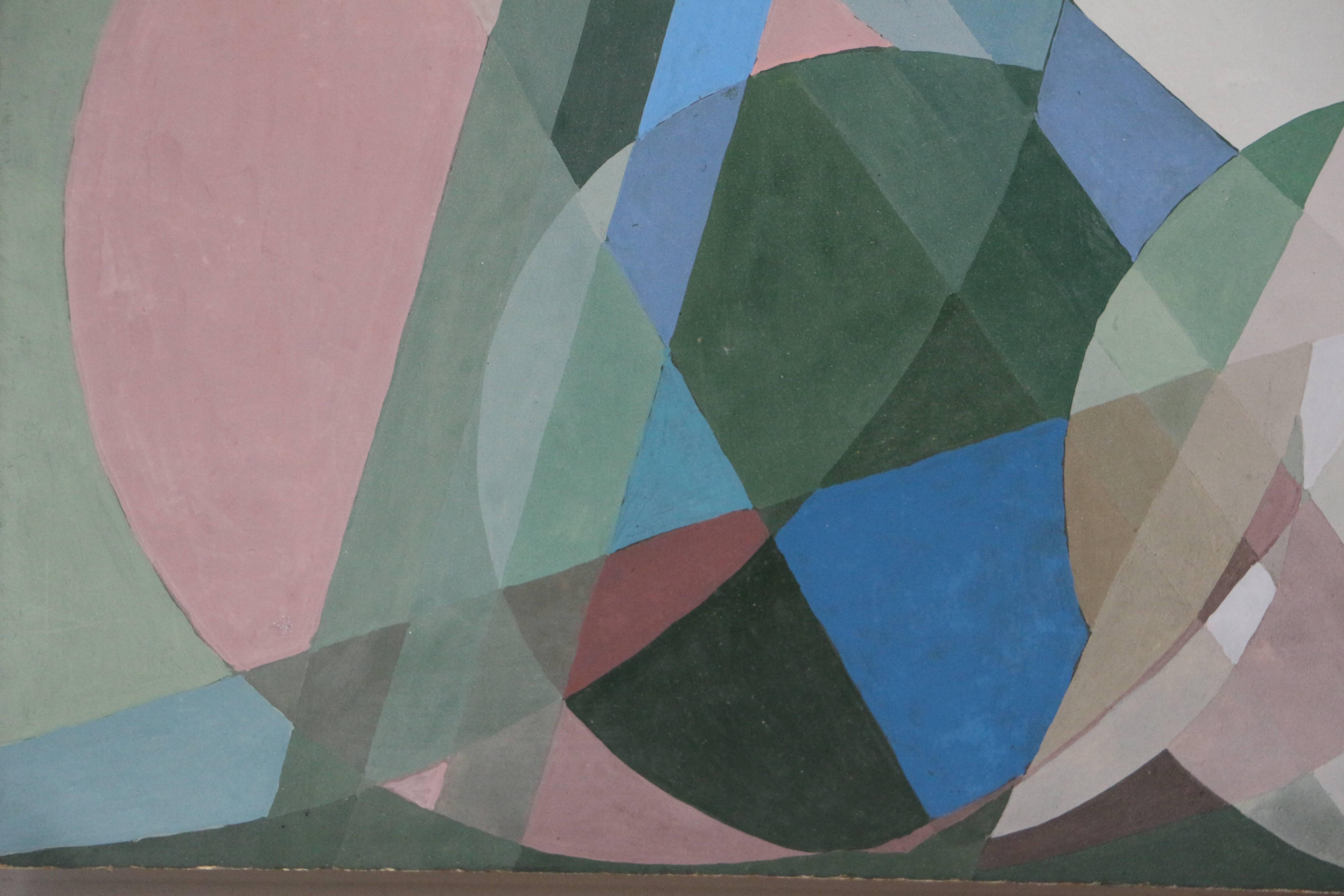 This original oil and tempera composition uses multiple bright and pastel colors in various geometric shapes to create an overall geometric abstract work. 

Argentinian painter Anita Payró (1897-1980) was heavily influenced by her artistic family