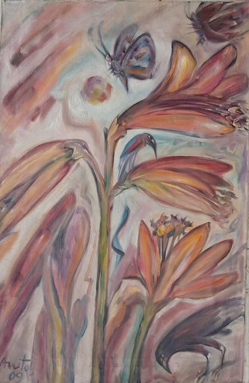 Uccelli, farfalle e fiori, olio su tela di un artista indiano moderno - In magazzino