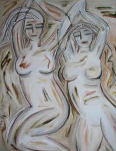 Figurative Painting, Nude, Oil Canvas, Green, Brown, White, Black colors "In Stock"