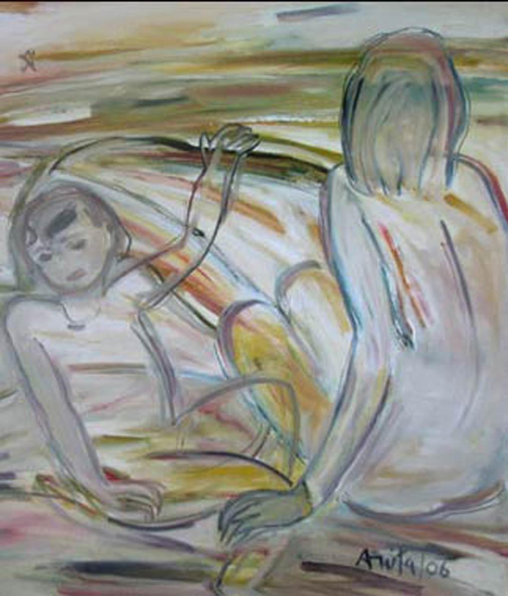 Mother & Child, Nude Oil paint, Earth Colours by Indian Modern Artist 