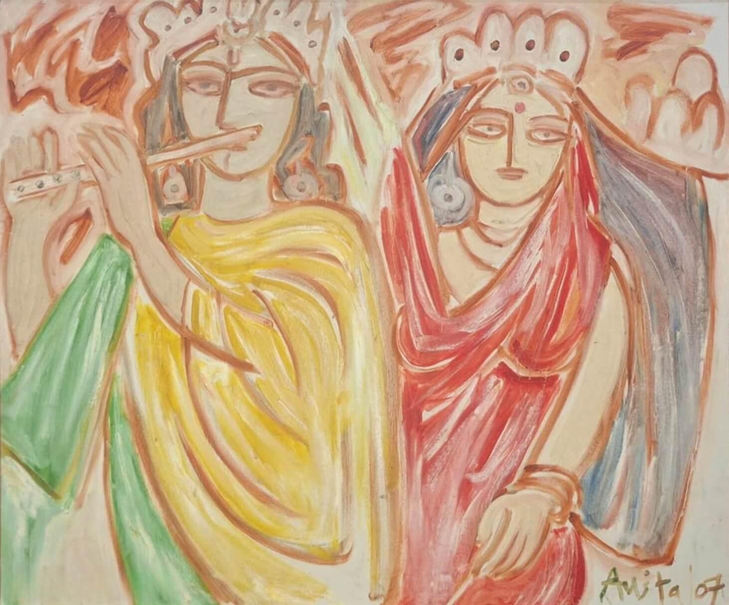Anita Roy Chowdhury - Radha Krishna
Öl auf Leinwand
30 x 36 Zoll
(Gerollt & Geliefert)

Dieses Gemälde stellt die göttliche Vereinigung von Radha und Krishna in einem sanften, ausdrucksstarken modernistischen Stil dar. Die Künstlerin verwendet