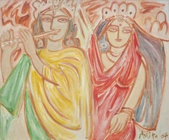 Radha Krishna, Figurativo, Óleo sobre Lienzo por Artista Indio Moderno "En Stock"