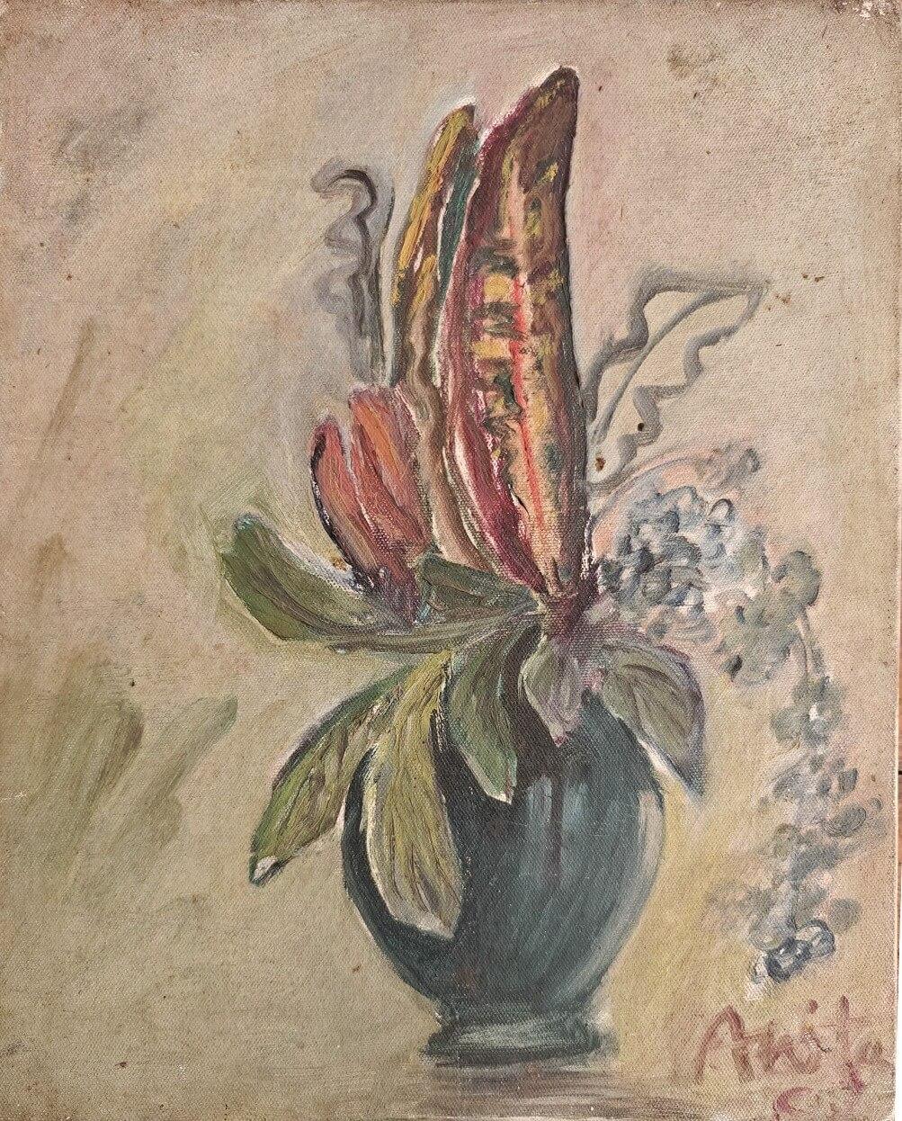 Sans titre, figuratif, pot à fleurs, huile sur toile d'un artiste indien moderne, en stock