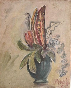 Sans titre, figuratif, pot à fleurs, huile sur toile d'un artiste indien moderne, en stock