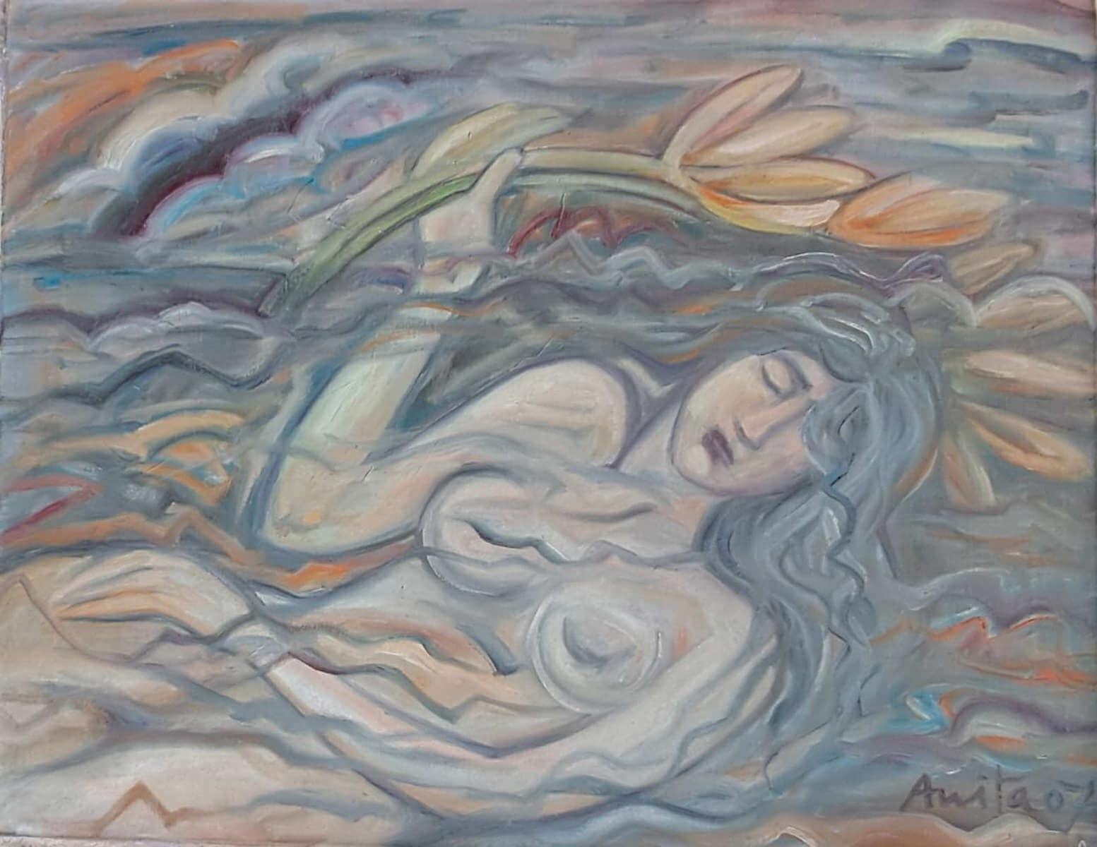 Anita Roy Chowdhury - Ohne Titel
Öl auf Leinwand
30 x 24 Zoll, 2007
( Gerahmt 
Geliefert )

Dieses unbetitelte Ölgemälde von Anita Roy Chowdhury (2007) zeigt eine zutiefst introspektive und poetische Vision der weiblichen Form inmitten der Natur.