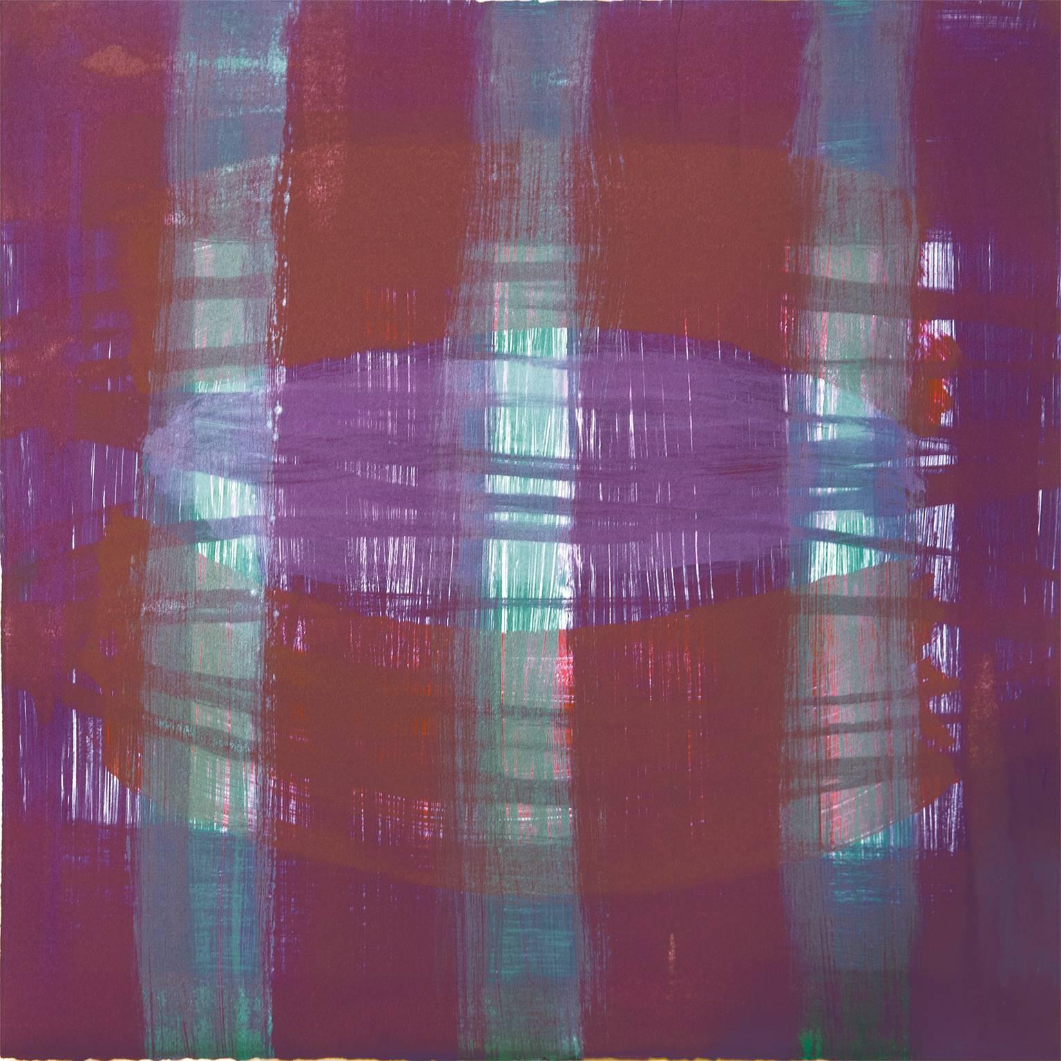 Anita Thacher Abstract Print - "Effigy Six", painterly abstract monoprint, violet, magenta, turquoise, red.