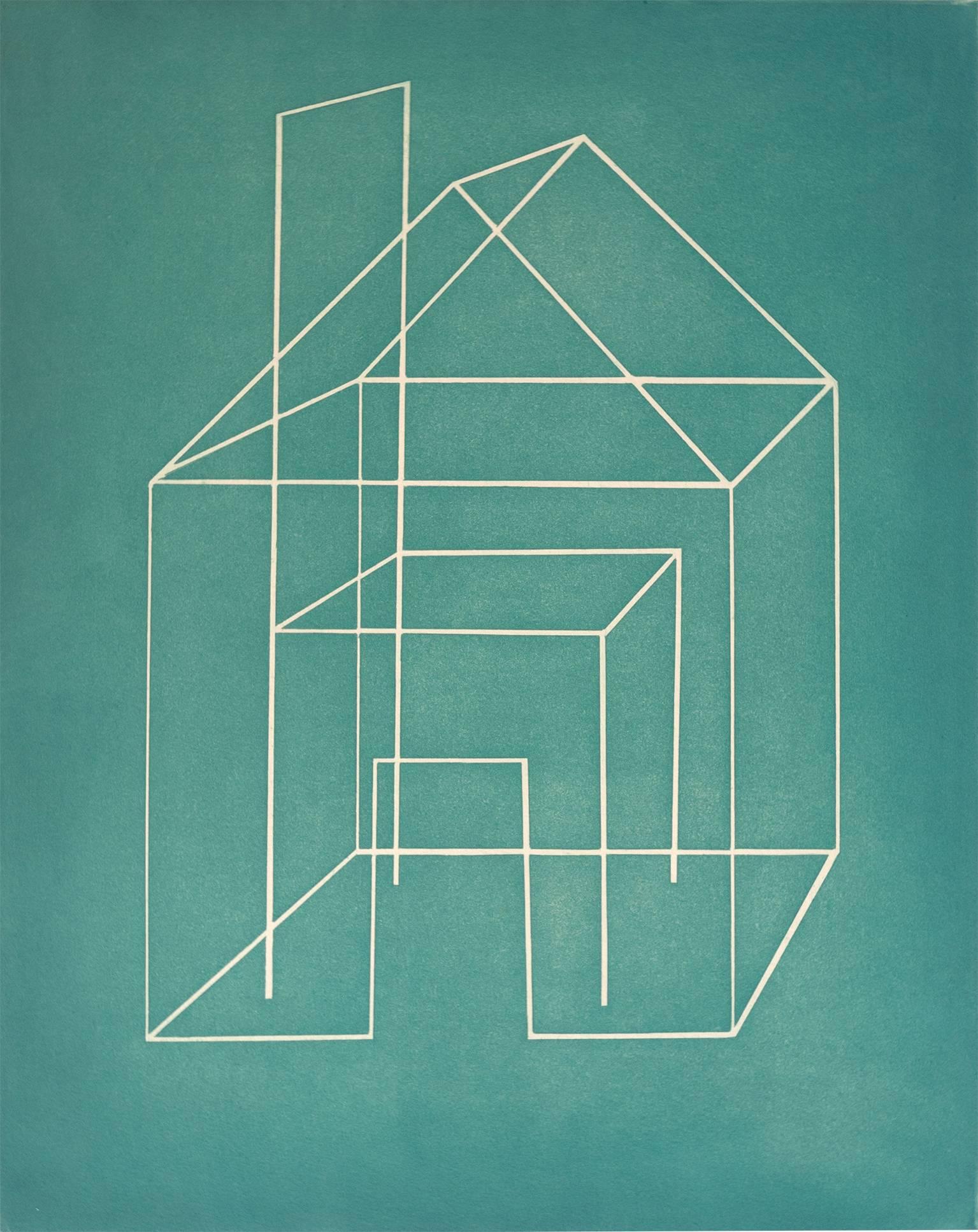 Anita Thacher Interior Print - "Open House III", architectural etched monoprint, pale sea green.