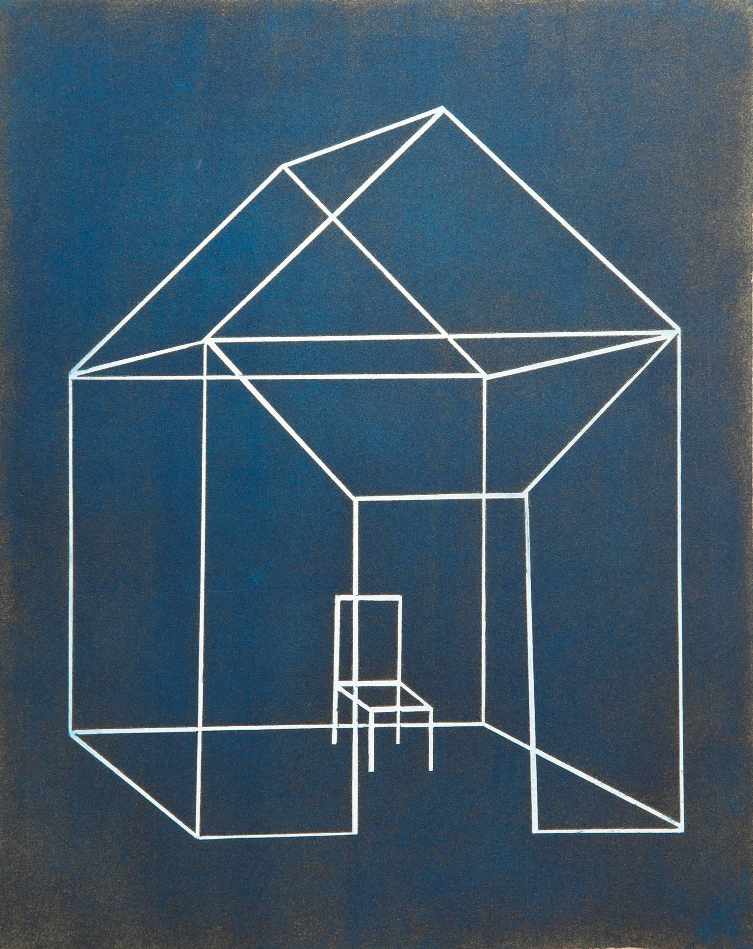 Anita Thacher Interior Print - "Open House Three", architectural etching, aquatint print, Prussian blue, gold.