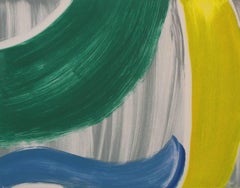"Piscamento #12", gestural abstract monoprint, blue, green, yellow, gray.