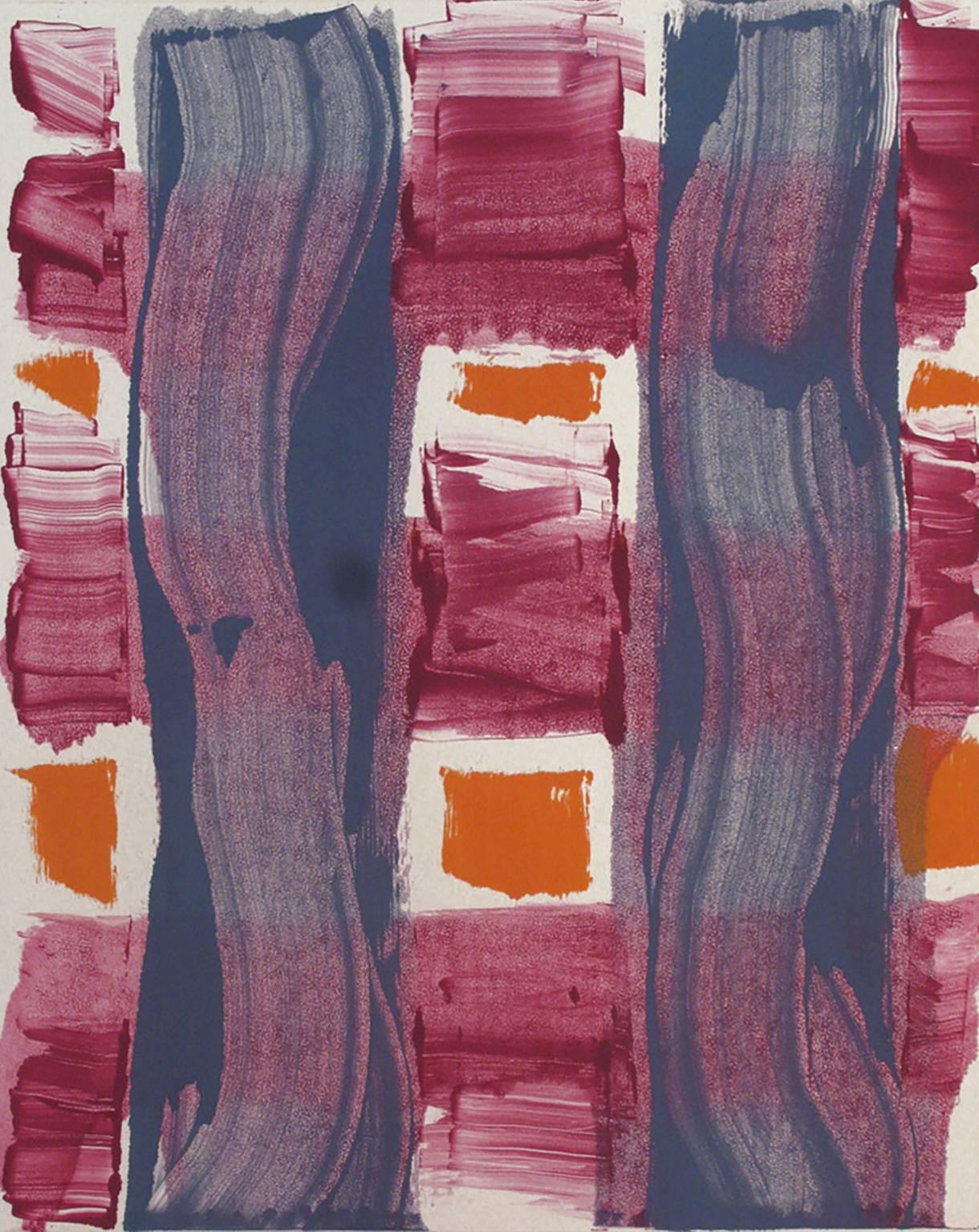 Anita Thacher Abstract Print - “Piscamento #2”painterly abstract monoprint, magenta, grey, and orange.