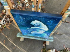 "Arctic Nocturne", Surreal, Polar Bear, Flute, Blue, Green, White, Oil Painting