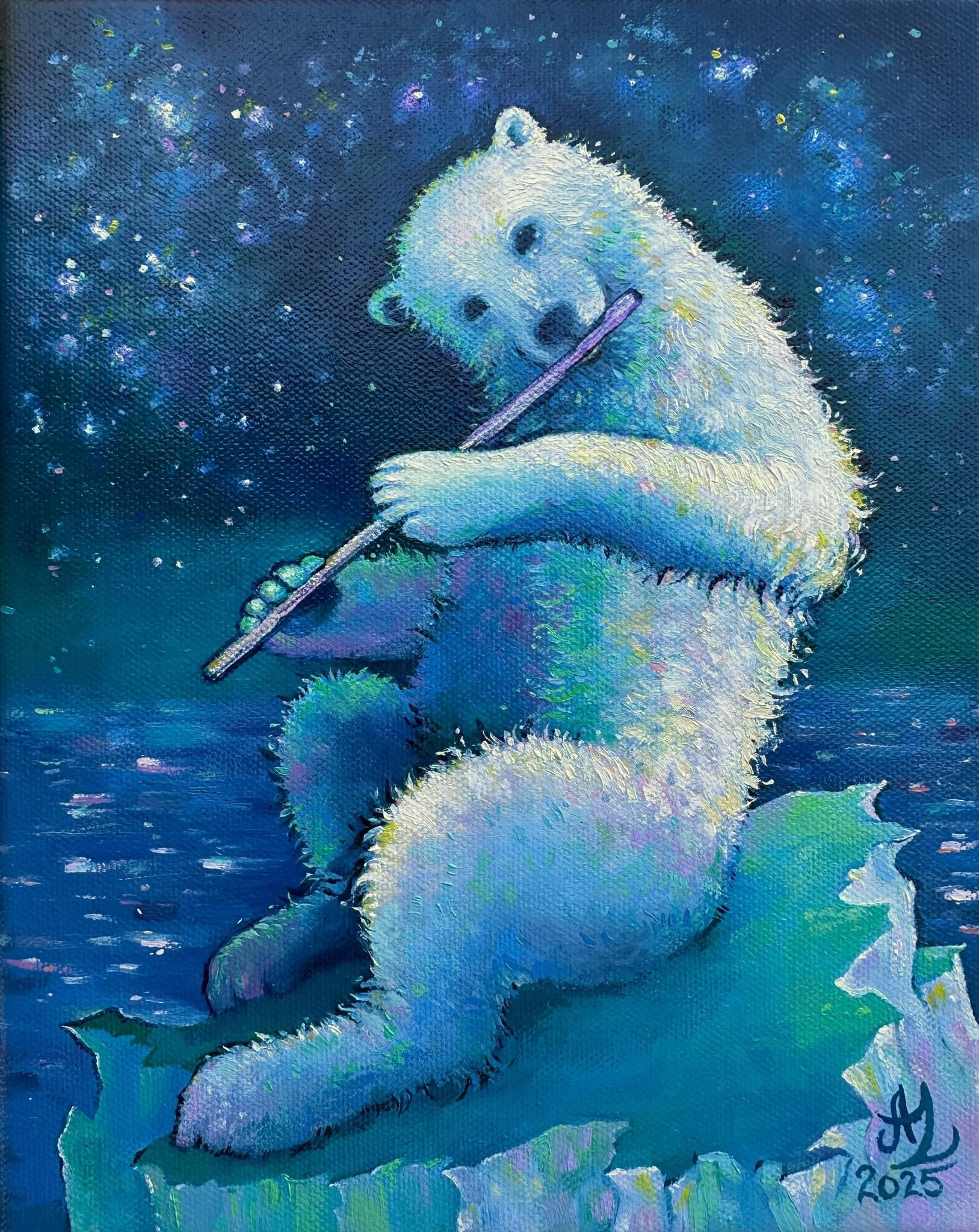 Anita Zotkina Animal Painting – "Arctic Nocturne", Surreal, Eisbär, Flöte, Blau, Grün, Weiß, Ölgemälde