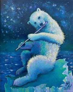 Anita Zotkina - "Notturno artico", Surreale, Orso polare, Flauto, Blu, Verde, Bianco, Pittura a olio "Notturno artico", Surreale, Orso polare, Flauto, Blu, Verde, Bianco, Pittura a olio