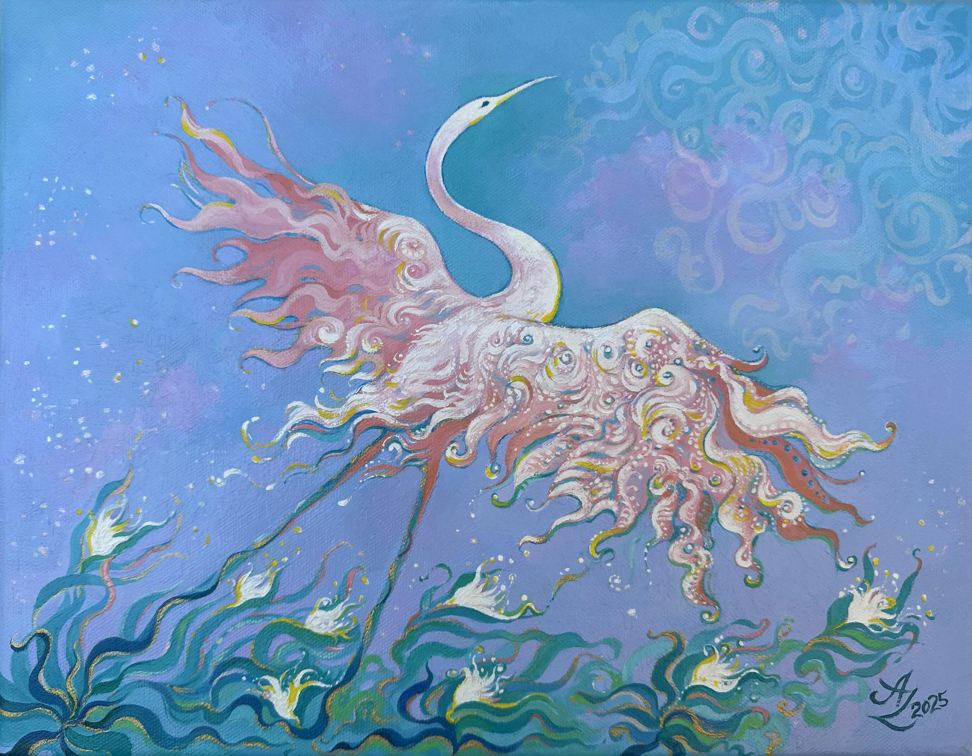 Anita Zotkina’s "Bound to Rise" is a 14 × 11 × 0.7 inch oil painting on canvas, created in 2025. Rendered in soft tones of blue, white, and pink, the composition features a bird poised between earth and sky, captured in a moment of quiet