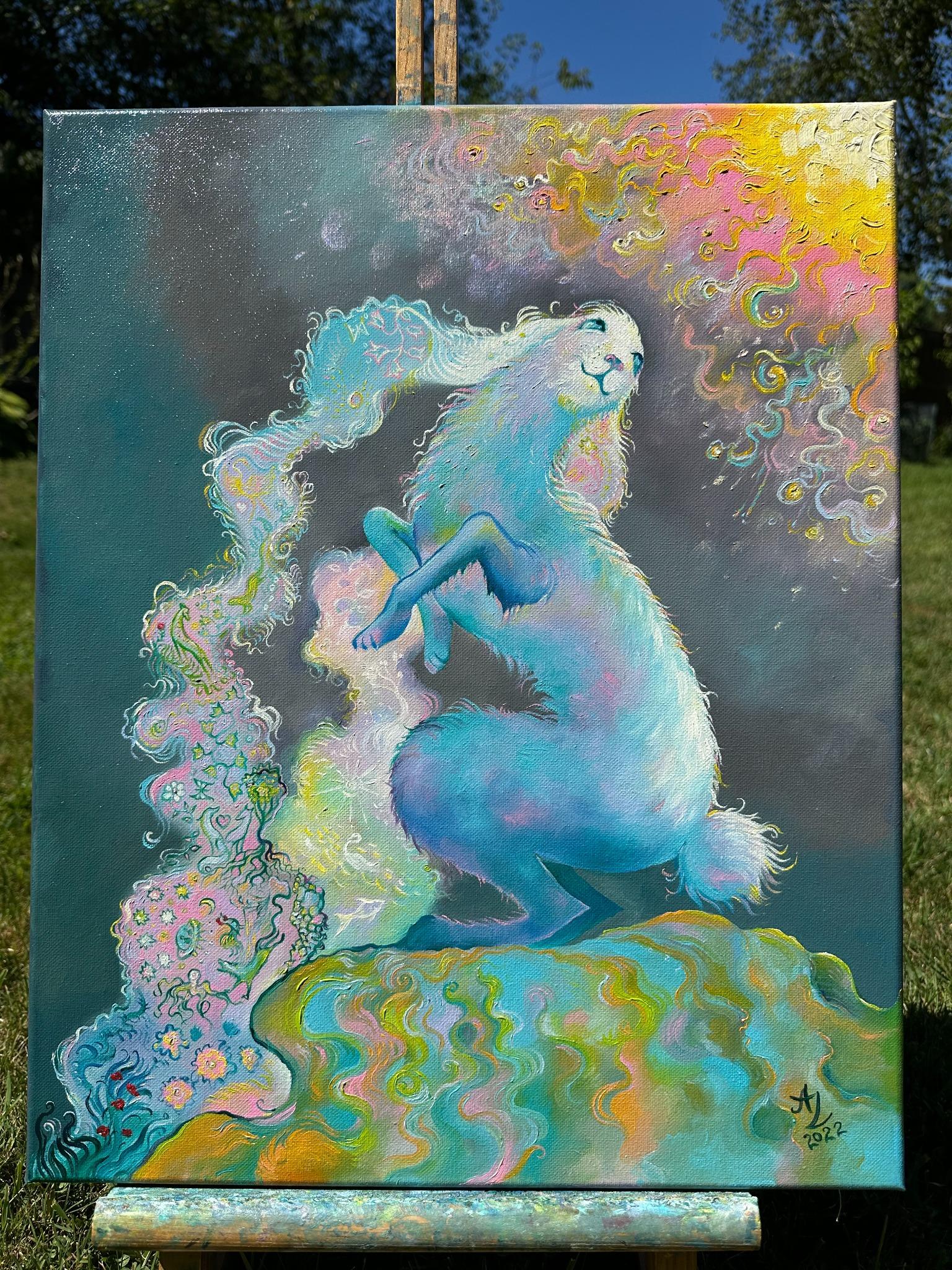Anita Zotkina’s “Dreamy Rabbit” is a 20 x 16 x 0.7 inch oil painting on canvas that blends luminous contrasts, soft lines, and flowing forms. This surreal, contemporary work depicts a rabbit poised in a dreamlike scene, surrounded by radiant hues