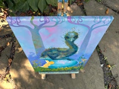 "Primo giorno sulla Terra", surreale, emu, uovo, blu, verde, viola, pittura a olio
