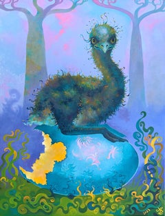 "First Day on Earth", Surreal, Emu, Egg, Blue, Green, Purple, Oil Painting