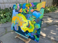 "Musik für die Pflanzen", Surreal, Blau, Lila, Orange, Gelb, Ölgemälde