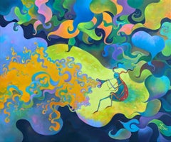"Musique pour les plantes", surréaliste, bleu, violet, orange, jaune, peinture à l'huile