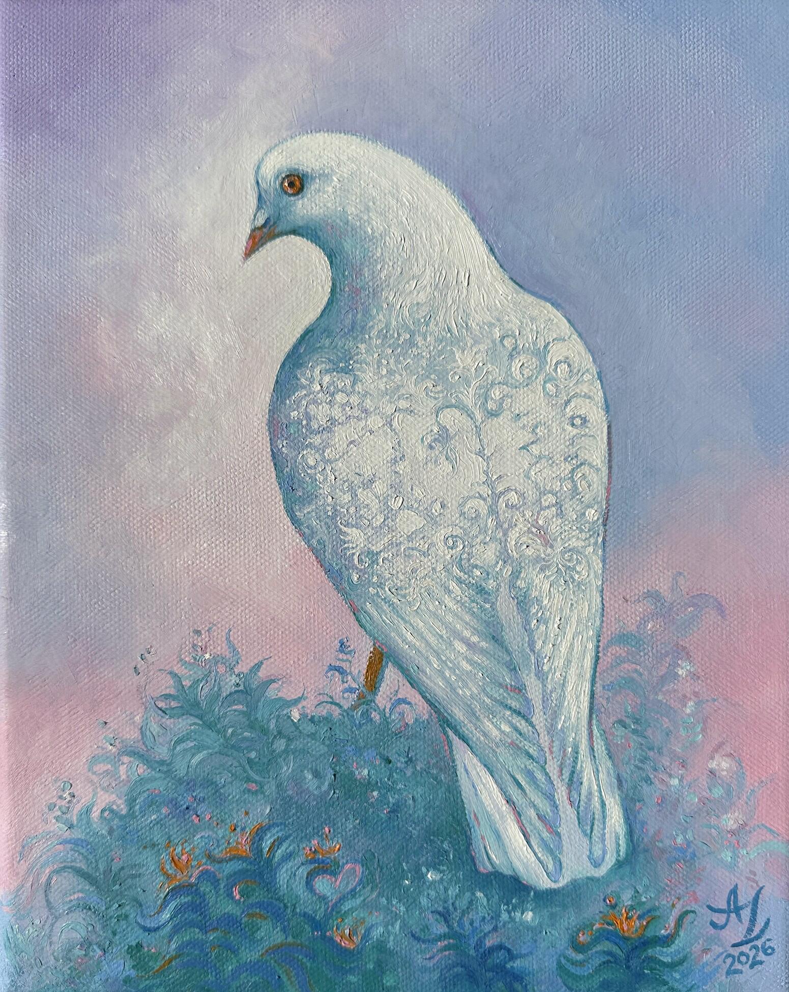 "Mein Frieden", Surreal, Taube, Vogel, Blau, Weiß, Ölgemälde