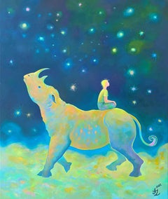 "Rhino Friend", Surreal, Traumhaft, Blau, Grün, Gelb, Orange, Ölgemälde