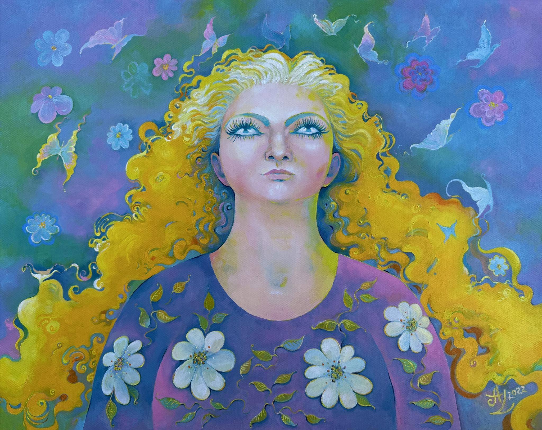 "Rêves partagés", Surréaliste, Portrait, Femme, Fleurs, Jaune, Violet, Peinture à l'huile - Painting de Anita Zotkina