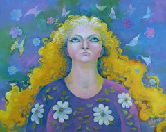 "Rêves partagés", Surréaliste, Portrait, Femme, Fleurs, Jaune, Violet, Peinture à l'huile