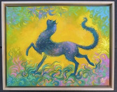 "Soft Steps", Surreal, Cat, Yellow, Green, Pink, Blue, Oil Painting