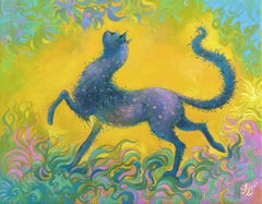 "Soft Steps", Surreal, Cat, Yellow, Green, Pink, Blue, Oil Painting