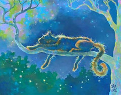 "Streunende Katze", Surreal, Baum, Nachthimmel, Blau, Lila, Orange, Ölgemälde