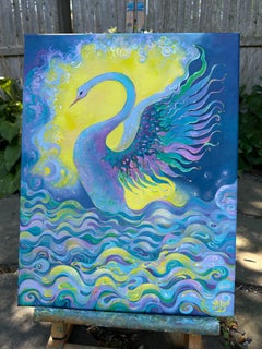 "Swan with Open Wings", Surreal, Blue, Yellow, Purple, Oil Painting
