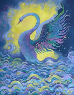 "Schwan mit offenen Flügeln", Surreal, Blau, Gelb, Lila, Ölgemälde