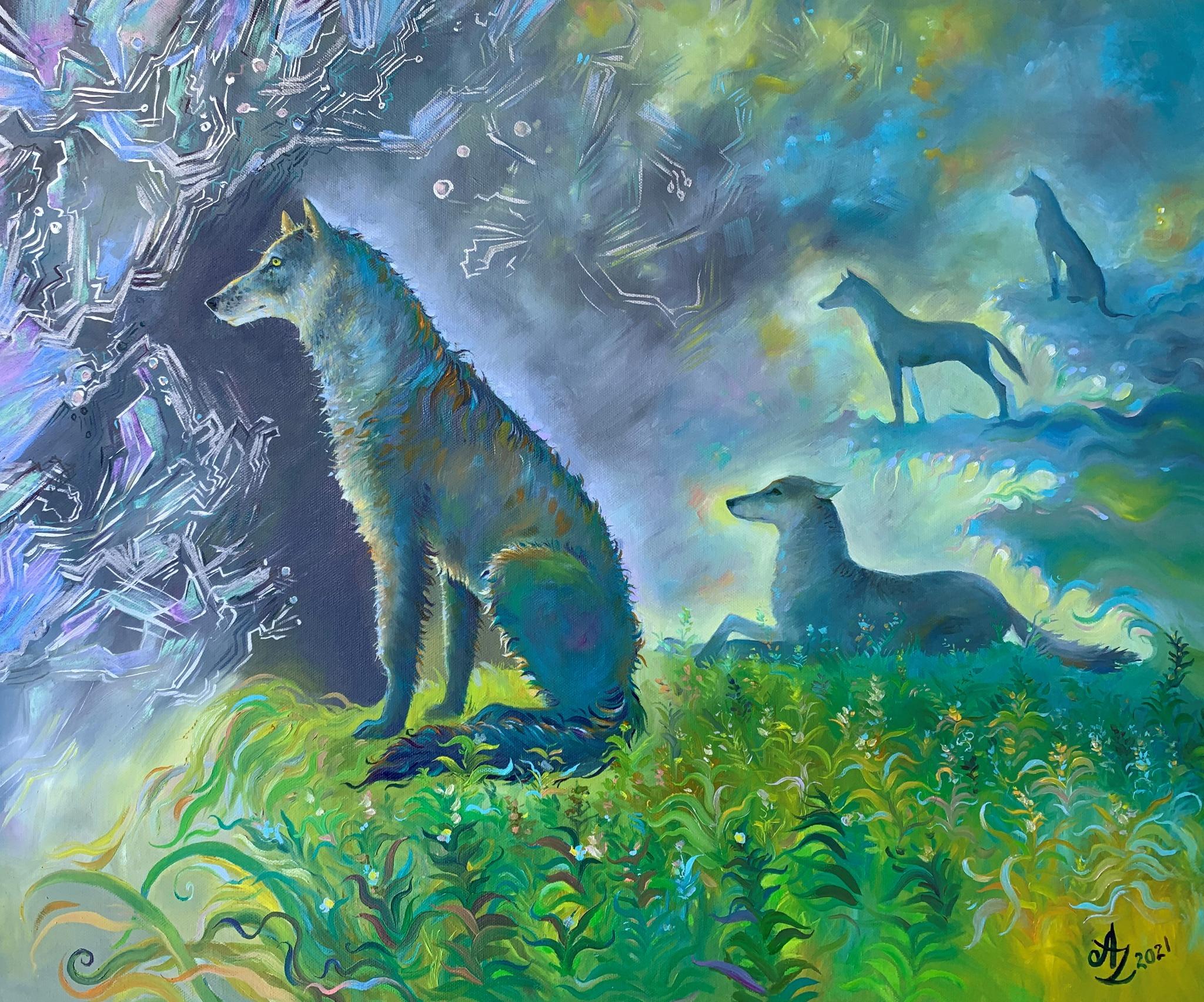"Los protectores", Surrealista, Lobo, Naturaleza, Azul, Gris, Verde, Pintura al óleo - Painting de Anita Zotkina